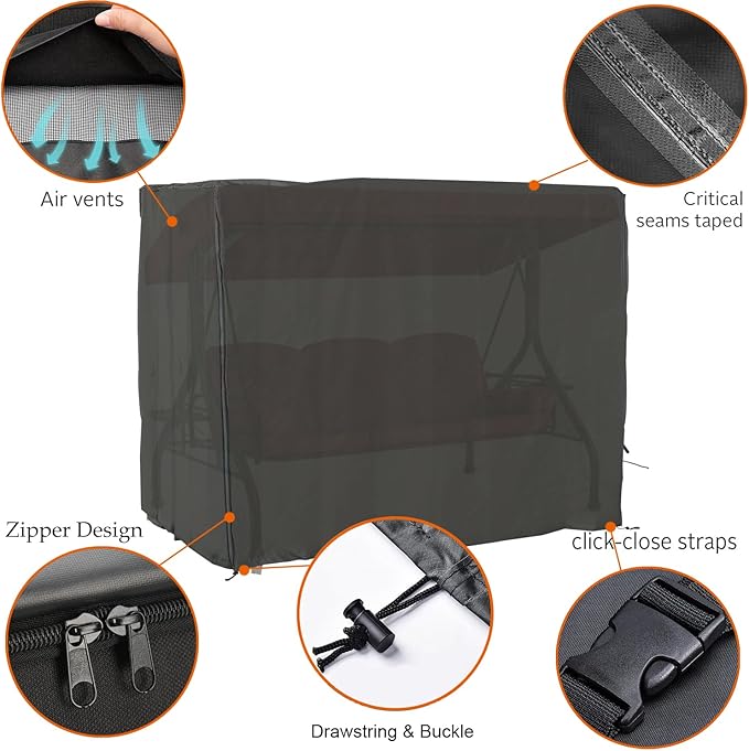 Porch Swing Cover 63 Inch Waterproof 600D Oxford Hanging Outdoor Swing Cover All Weather Protected Swing Covers for Outdoor Furniture (Black, 87L x 49W x 67H inch)