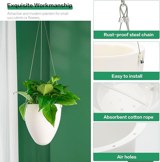 Sungmor 3 Pack Self Watering Hanging Planters, Unique Eggshell Shape Indoor Outdoor Hanging Pots for Plants, Modern White Plastic Flower Pots Home Decor Hanging Basket