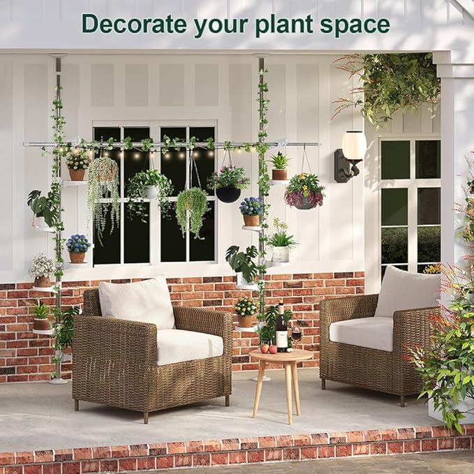 Hershii Adjustable Indoor Plant Stands Double Tension Pole Stainless Steel Flower Display Racks Holder Corner Storage Shelves with 12 Trays, 2 Hooks & 1 Telescopic Clothes Drying Hanging Rod - Ivory