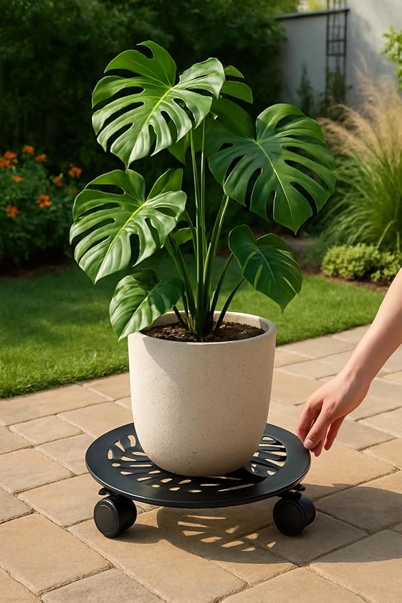 5 Packs Large Metal Plant Caddy with PU Wheels 12" Heavy-Duty Wrought Iron Rolling Plant Stands Indoor Outdoor Wheeled Plant Dolly Planter Mover Rollers Plant, Leaf Style