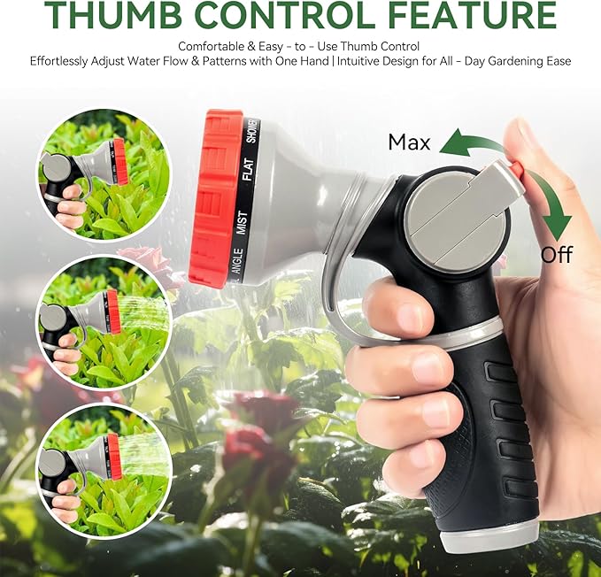Garden Hose Nozzle,10 Adjustable Spray Patterns, Ergonomic Thumb Control Heavy-Duty Metal Spray Nozzle, Multi-Pattern Water Sprayer for Garden, Lawn, Car Wash (Thumb Control)