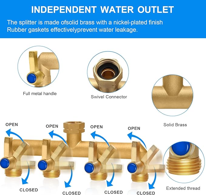 Brass Garden Hose Splitter, 4 Way Hose Splitter, Outdoor Hose Splitter, GHT 3/4 in. Female Inlet and 3 Way 3/4 in. Male Outlet for Regulating and Shutting Off Water Flow
