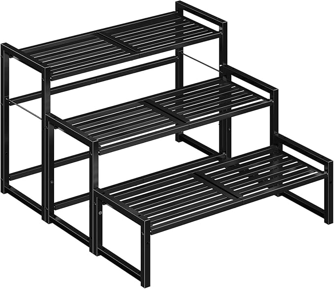 3 Tier Metal Plant Stand Outdoor Indoor, Heavy Duty Stackable Plant Shelf, Tall Waterproof Flower Pot Holder Rack for Garden, Patio, Balcony, Porch, Display Rack, Black