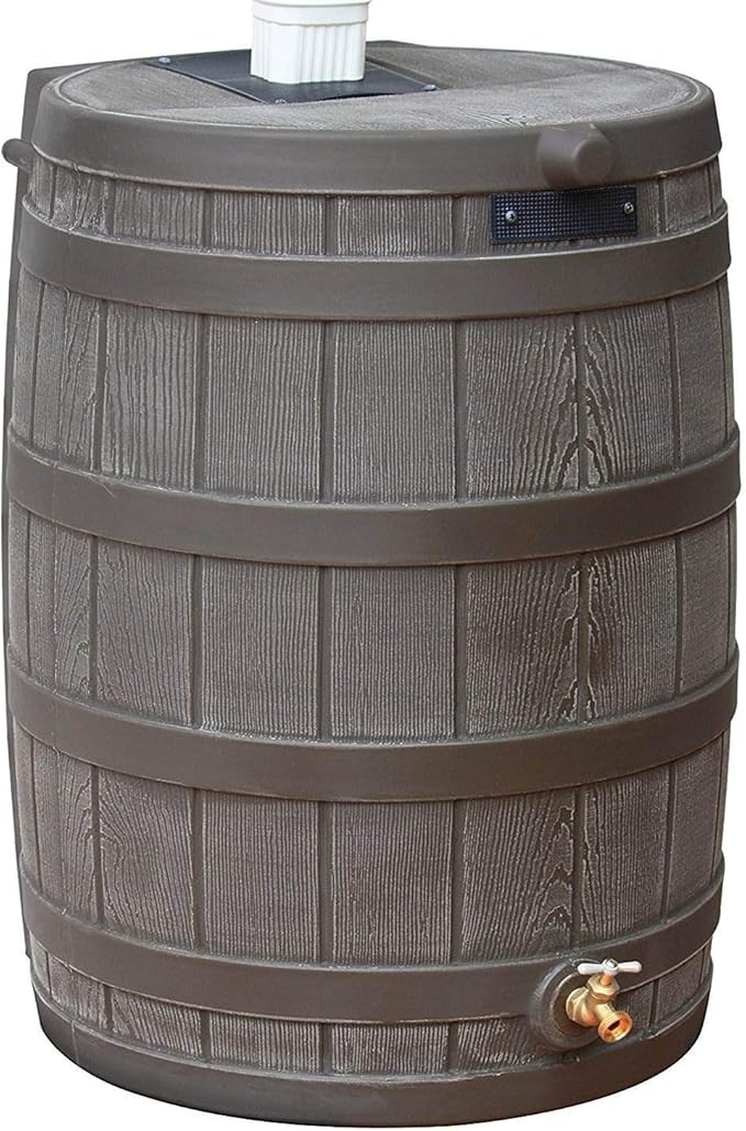 Good Ideas Rain Wizard 50 Gallon Plastic Outdoor Home Rain Barrel Water Storage Collector with Brass Spigot and Flat Back Design, Oak (4 Pack)