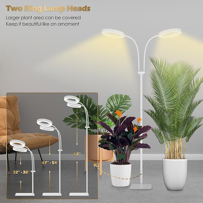 GLOWRIUM Grow Lights for Indoor Plants, Full Spectrum LED Grow Light Floor Lamp with Stand Adjustable Height and Angle, Black Plant Light with 3/9/12H Grow Light Timer (White, 36W)