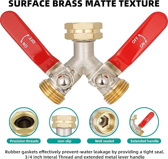 Hose Splitter 2 Way, High Flow Garden Hose Splitter, 3/4” Ght Inlet Brass Heavy Duty Hose Converter, Full Flow water 2 Way Faucet hose splitter, Long Handle Hose Valve Large Outlet.