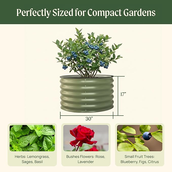 17" Tall Herb Raised Garden Bed for Basil Lavender Sages, 30" Wide Round Fruit Tomato Planter Box for Gardening Blueberries Figs, Flower Metal Pot Container for Rose, Twin Pack, Modern Gray