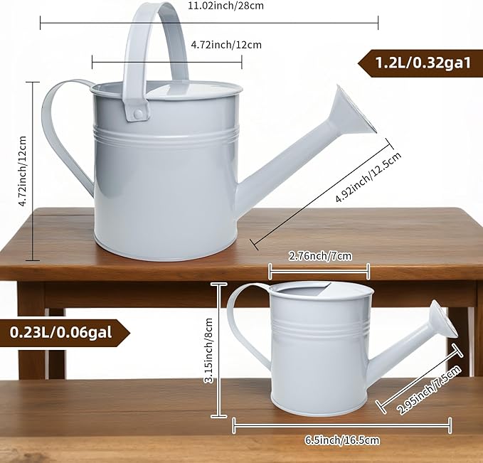 Small Metal Watering Can Set, Pink, 1.2L and 0.23L Garden Cans with Long Spout, Indoor Outdoor Plant Care (White)