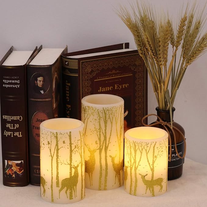 GenSwin Flickering Flameless Candles Battery Operated with 6 Hours Timer, Real Wax Led Pillar Candles Deer Decal Warm Light, Pack of 3 Christmas Home Decor