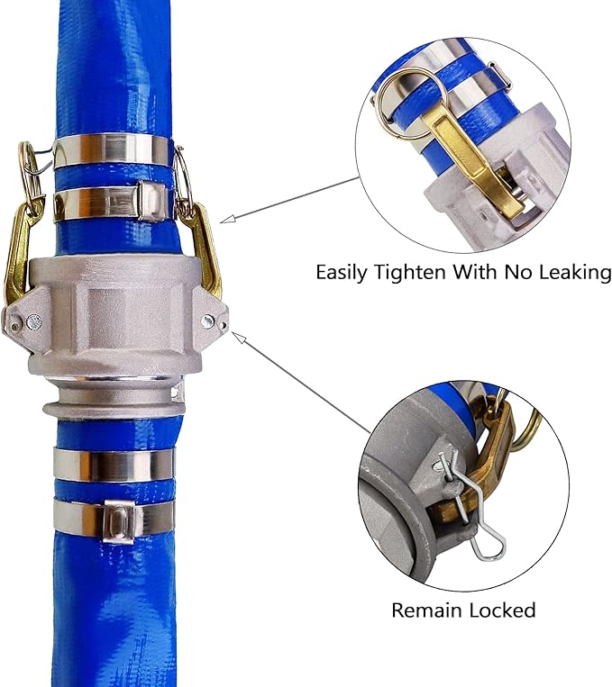 DAVCO 1.5" ID × 100 ft Pool Backwash Hose, Heavy Duty Reinforced Blue PVC Lay Flat Water Discharge Pump Hoses For Swimming Drain Pools and Clean Filters, with Aluminum Camlock C and E Fittings