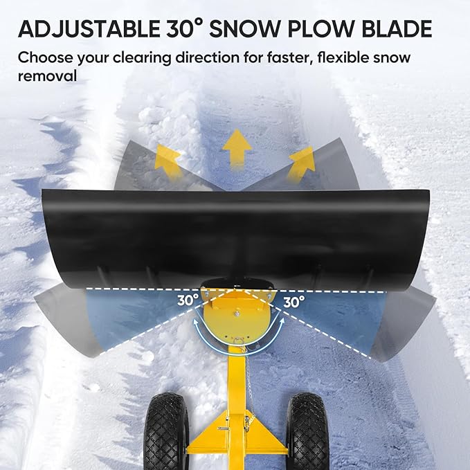 EAGLE PEAK Wheeled Snow Shovel for Driveway, Personal Snow Pusher with Wheels, Adjustable Plow Angle, Ergonomic Handle, Heavy Duty 29”x16.5” Blade, Single Rod Plow Shovel, Yellow