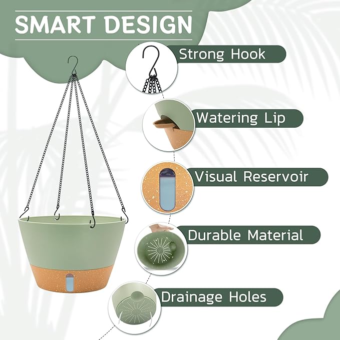 ZMTECH 12 Inch Large Hanging planters for Indoor, 2 Pack Self Watering Plant Pot for Outdoor Garden Porch, Hanging Flower Pot with Visible Water Level & Removable Tray(12Inch, Green)