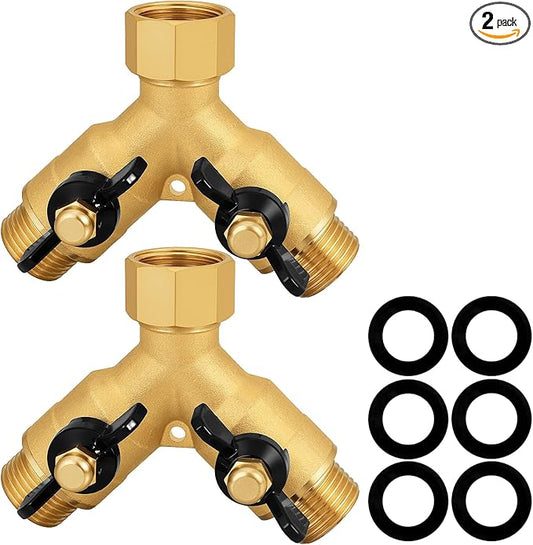 Heavy-Duty Brass 2-Way High-Flow Garden Hose Splitter, Outdoor Faucet Y-Valve Diverter Connector with Butterfly Handle, Full-Flow Water Hose Adapter (Valve butterfly handle - 2-piece)