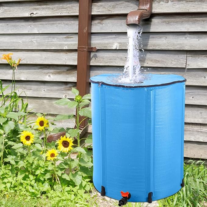 Collapsible Rain Barrel, 50 Gallon Portable Rainwater Collection System, Water Storage Tank, Rain Catcher Barrel with Spigots and Overflow Kit, Rain Water Barrel Collector for Garden, Blue