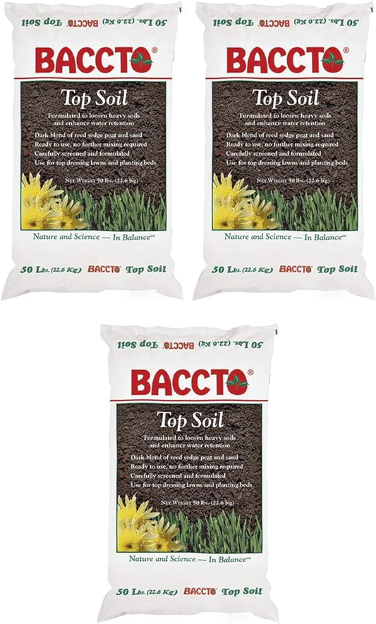 Michigan Peat 1550P Baccto Top Soil for Lawns, Gardens, and Raised Planting Beds with Reed Sedge, Peat, and Sand, 50 Pounds (3 Pack)