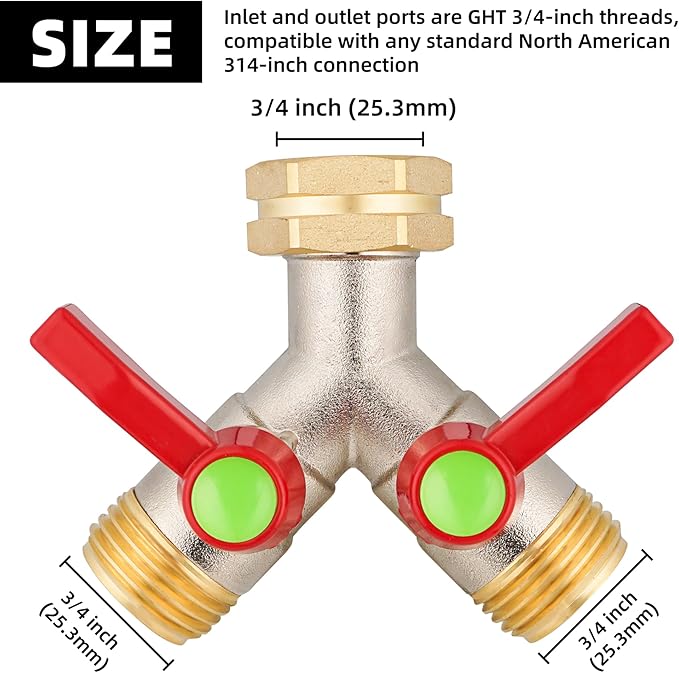 Hose Splitter 2 Way, High Flow Garden Hose Splitter, 3/4” Ght Inlet Brass Heavy Duty Hose Converter, Full Flow water 2 Way Faucet hose splitter, Long Handle Hose Valve Large Outlet.