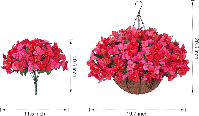 Artificial Fake Hanging Flower Plants Basket for Outdoors Spring Summer Decoration, Faux Bougainvillea Flowers in Planter Look Real UV Resistant Silk Flower for Outside Porch Patio Garden Home Decor
