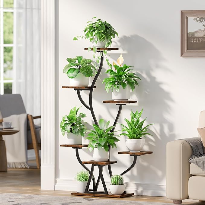 Plant Stand Indoor with Grow Lights, 7 Tiered Indoor Plant Shelf, Corner Plant Stands for Indoor Plants, Metal Plant Shelf Flower Display, Seaweed-Shaped Plant Rack for Living Room, Patio, Black