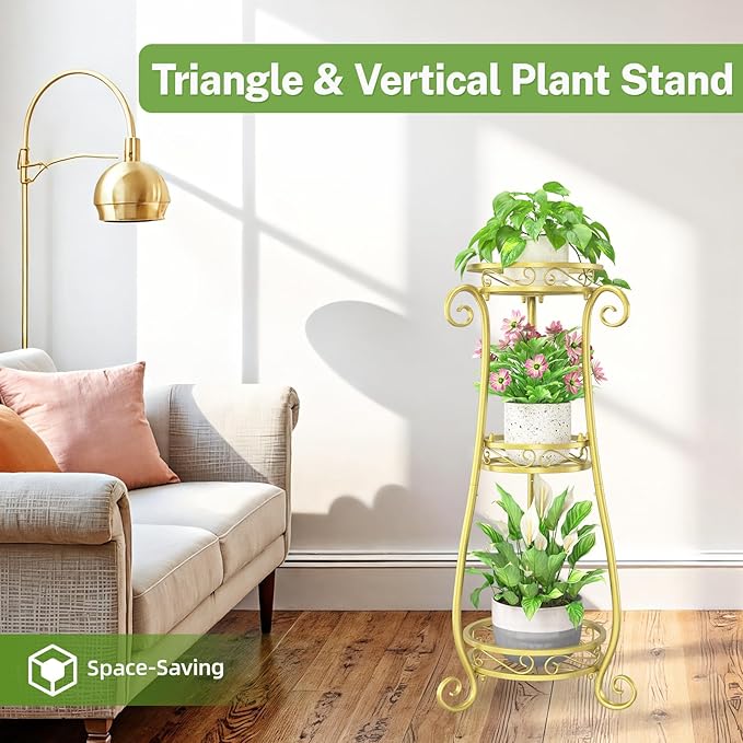 iDavosic.ly 3 Tier Metal Plant Stand Indoor Outdoor, Wrought Iron Corner Tall Flower Pot Holder Shelf, 34 Inch Vertical Heavy Duty Display Rack for Patio Porch Living Room Garden, Gold