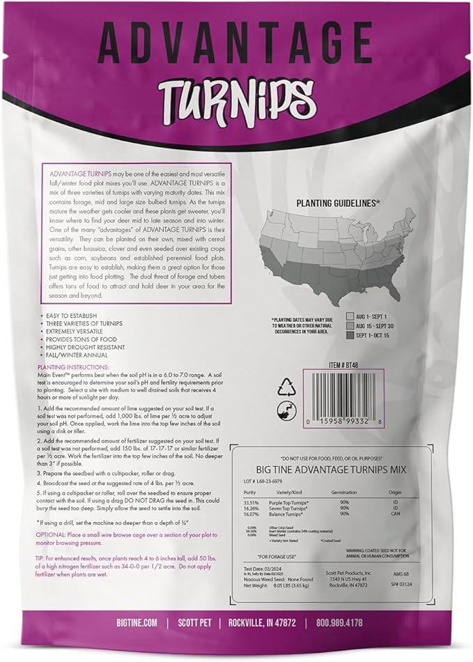 Big Tine Food Plot Mix, Deer Attractant, Advantage Turnips, 3 lbs Bag, Fall/Winter Annual, Extremely Versatile, Drought Resistant