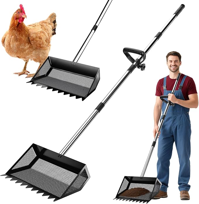 Chicken Poop Scooper & Rake 2-in-1,304 Stainless Steel Shovel Head, Chicken Litter Scoop with Handle for Chicken Coop & Pet Waste Cleaning, Litter Sifting Shovel (35 to 65") (Black, 10inch)