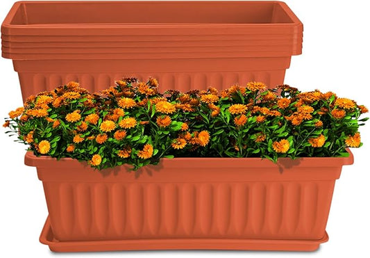 HOXHA 6 Pack Window Box Planter, 17 inches Plastic Vegetable Flower Planter Boxes with Tray, Rectangular Indoor and Outdoor Flower Pots for Windowsill, Patio, Porch, Garden Balcony