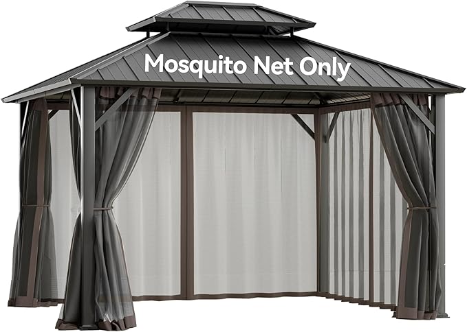 Universal Gazebo Mosquito Netting Replacement - 10' x 12' 4-Panel Screen Walls with Double Zipper for Outdoor Patio Canopy Garden Gazebos, Dark Brown and Black