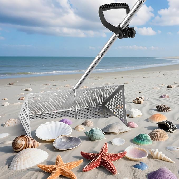 SAN LIKE Sand Scoop for Metal Detecting Stainless Steel Sand Sifter Shovel 52.4in Long Handle Sand Scoop with Shovel for Metal Detecting Sand Sifter for The Beach Sand Flea Rake for Beach