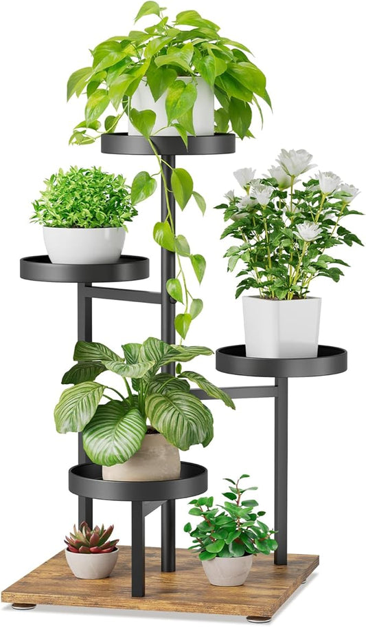 iDavosic.ly 4 Tier Plant Stand Indoor, Tiered Corner Flower Holder Shelf Outdoor, Metal Tall Orchid Display Rack for Patio Porch Garden Balcony Office Living Room, Modern Black & Rustic Brown