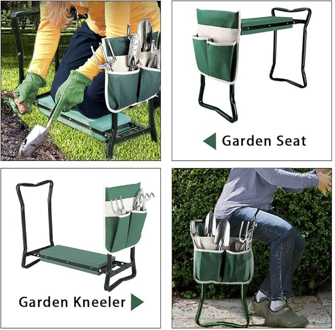 PLKO Garden Kneeler and Seat Stool Heavy Duty Garden Folding Bench with Large Tool Pocket and Soft EVA Kneeling Pad for Gardening Lovers