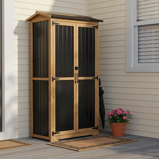 Outdoor Storage Cabinet Weather-Resistant, Wood & Metal Storage Shed with 3 Removable Shelves, Waterproof Roof, Adjustable Feet, Patio Storage Cabinet Outside for Garden Garage Backyard Pool