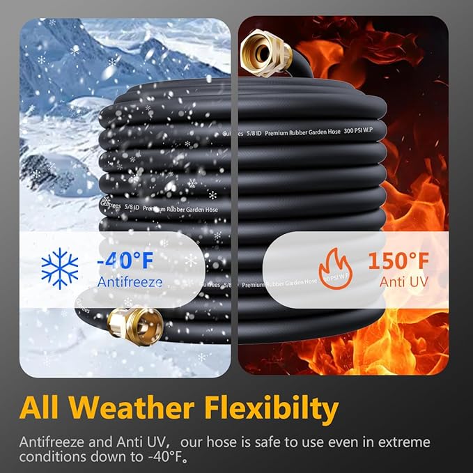 75FT 3/4 Heavy Duty Rubber Garden Hose - 200psi Working, 1000psi Burst - Hot/Cold Water - Five-Layered Braiding for Durability - Versatile for Gardening, Agriculture, Construction(Black)