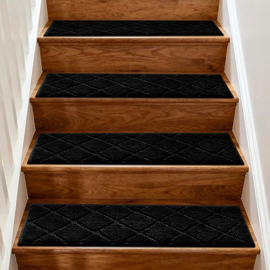 JOENIE Non-Slip Edging Stair Treads Carpet Mat 30inX8in Indoor Stair Runners for Wooden Steps, Edging Stair Rugs for Kids and Dogs, 100% Polyester TPR Backing (Black, 4pc)