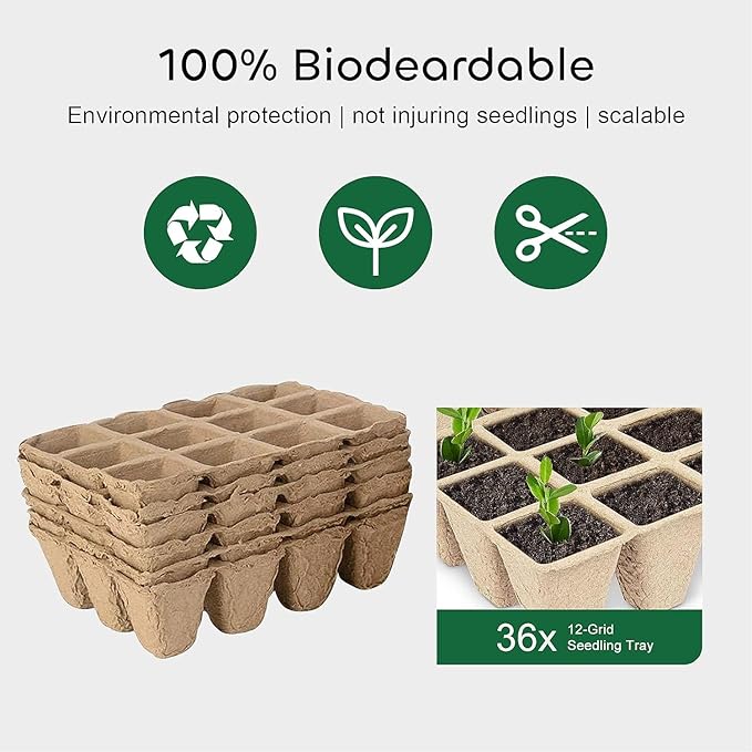 GROWNEER 432 Cells Peat Pots Seed Starter Trays 36 Packs Biodegradable Seedling Pots Germination Trays Organic Plant Starter Kit with 15 Pcs Plant Labels