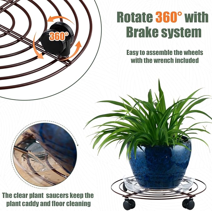 6 Packs Large Metal Plant Caddy with Wheels 14" Rolling Plant Stands Heavy-duty Wrought Iron Plant Roller Base Pot Movers Plant Saucer on Wheels Bronze