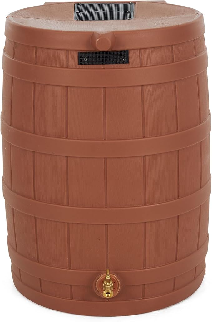 Good Ideas Rain Wizard 50 Gallon Plastic Outdoor Home Rain Barrel Water Storage Collector with Brass Spigot and Flat Back Design, Terra Cotta (3 Pack)