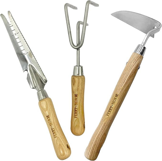 Ferry-Morse Premium Garden Hand Tool Set, 3Pcs, Gardening Tools,Stainless Steel Heavy Duty Hand Cultivator, Hoes, and Weeder with Ash Wood Handle, Gardening Gifts