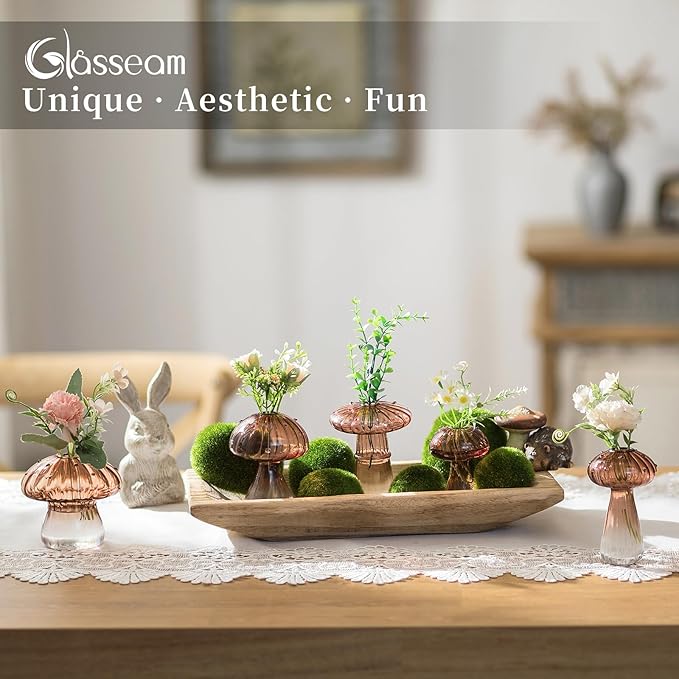 Glasseam Mushroom Plant Propagation Stations: Amber Glass Terrarium Jar Set of 10 Cute Planters for Indoor Plants Mini Propagate Station Unique Christmas Birthday Gifts for Women Home Office Decor
