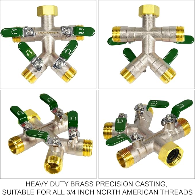 Heavy Duty Brass Garden Hose Splitter, Freeze and Sun Resistant Outdoor Faucet 4 Way Valve, Nickel Plated for Rust Resistance, 3/4” GHT (green)