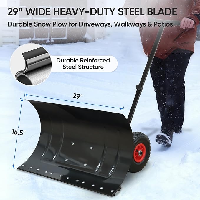 EAGLE PEAK Wheeled Snow Shovel for Driveway, Personal Snow Pusher with Wheels, Adjustable Plow Angle, Ergonomic Handle, Heavy Duty 29”x16.5” Blade, Single Rod Plow Shovel, Black
