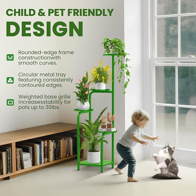 TOSKING 5 Tier Tall Plant Stand Indoor Outdoor, Heavy Duty Corner Shelf for Plants & Christmas Home Decor, Space Saving 3.9FT Metal Flower Pot Stand for Balcony, Garden, Living Room, Patio (Green, 47in)