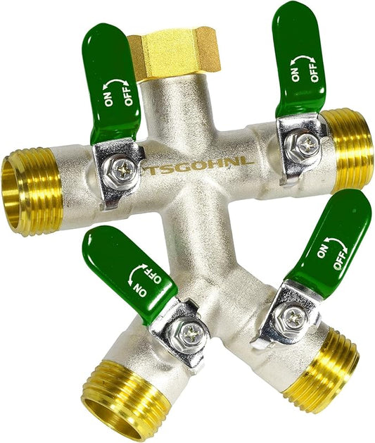 Heavy Duty Brass Garden Hose Splitter, Freeze and Sun Resistant Outdoor Faucet 4 Way Valve, Nickel Plated for Rust Resistance, 3/4” GHT (green)