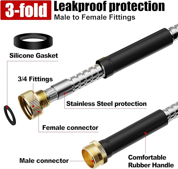 Garden Hose 75 ft, Stainless Steel Metal Water Hose 75 Feet with Nozzle, Flexible, Rust Proof, No-Kink, Heavy Duty, Leakproof 3/4 in Fittings, Lightweight Metal Hose, BT75S Model