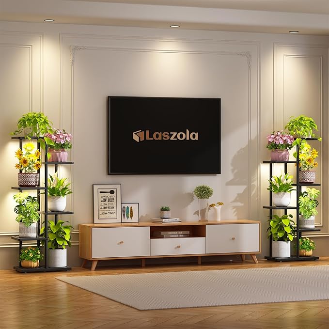 LASZOLA 5 Tier Plant Stand Indoors Outdoors with Light for Large Heavy Duty Planter, Black Metal Tall Flower Holder Rack for Modern House Corner, Vertical Iron Organizer with Multiple Rustic Shelf