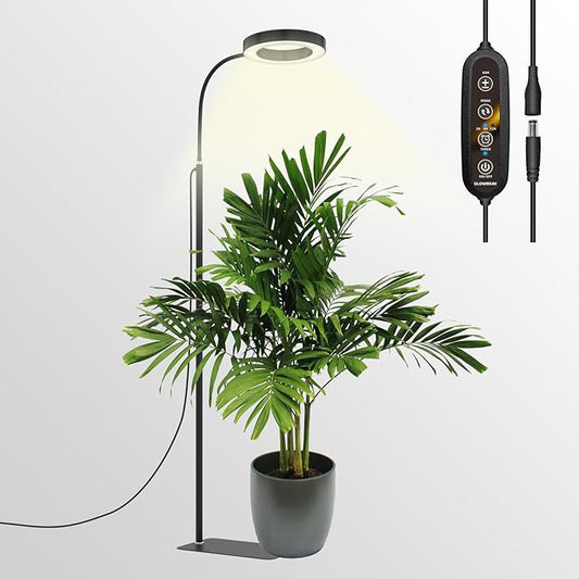 GLOWRIUM Grow Lights for Indoor Plants, Full Spectrum LED Grow Light Floor Lamp with Stand Adjustable Height and Angle, Black Plant Light with 3/9/12H Grow Light Timer (Black, 20W)