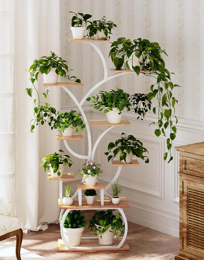 VINGLI 61" Tall White Plant Stand with Grow Light, 10-Tier LED Lighted Plant Shelf, Indoor Plant Rack with Full-Spectrum Grow Lights, Tree-Shaped Metal Plant Stand for Living Room, Balcony