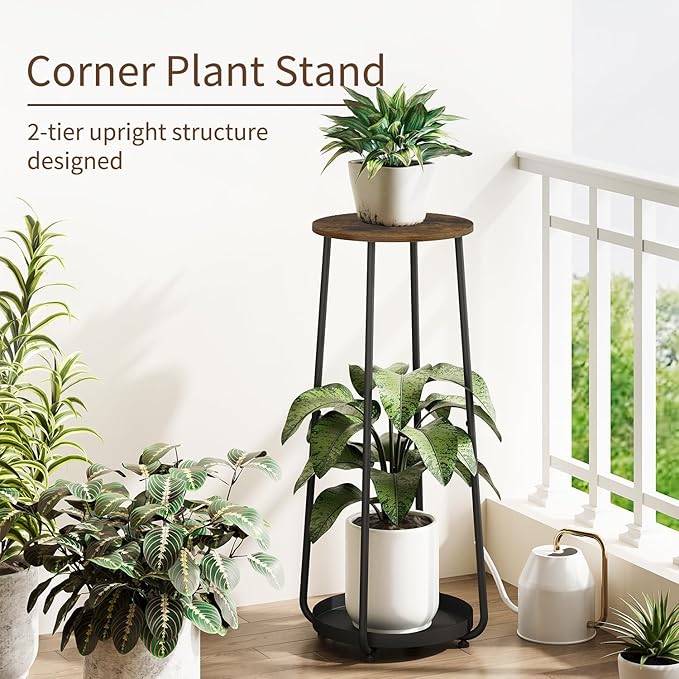 YINMIT Plant Stand Indoor, 2 Tier Wood Plant Stand, 30" Tall Vertical Flower Pot Stand, Round Corner Plant Shelf, Planter Pot Holder for Balcony Garden Patio Living Room