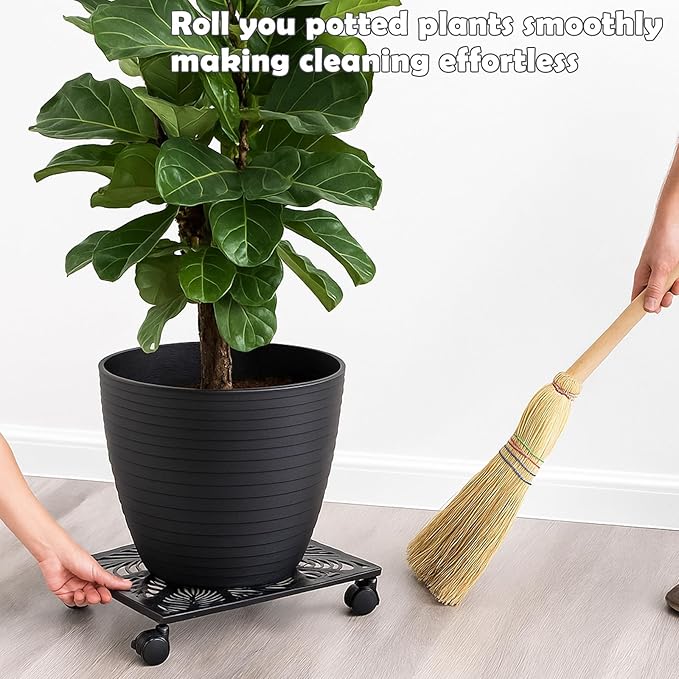 2-pack 12 Inches Square Metal Plant Caddy with Wheels Heavy Duty Large Rolling Plant Stand Indoor Outdoor Wheeled Planter Dolly Cart with Lockable Casters Flower Pot Mover Roller Trolley, Black