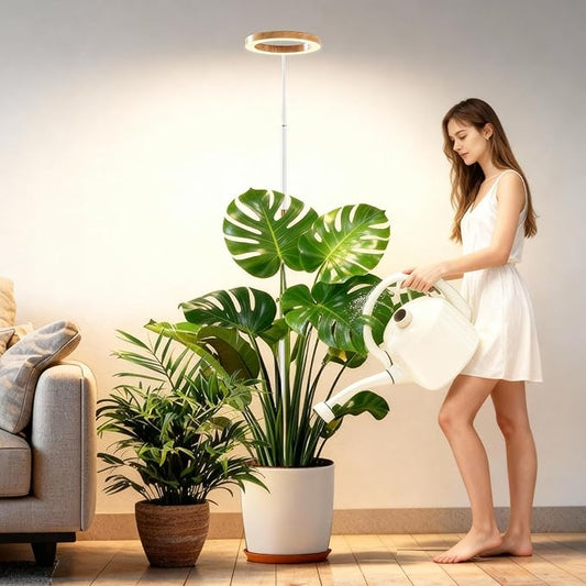 Full Spectrum Grow Light with Stand for Indoor Plants, Floor Plant Light, 6/12/18H Timer, 3 Color Modes, Adjustable Height 16.5–68in, for Large Plants & Home Décor(1 Head,Faux Wood Grain)