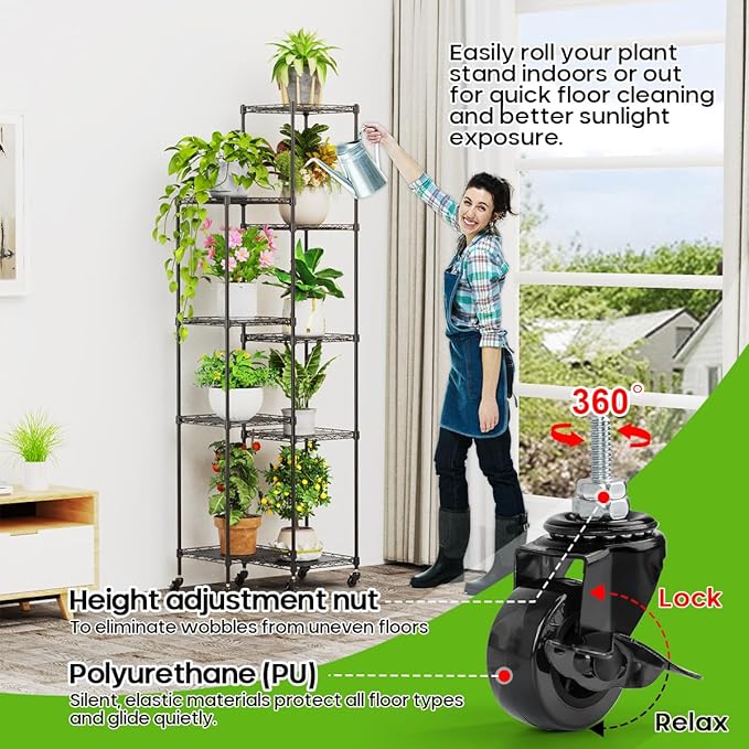 Abimars 74'' Tall Plant Stand with Wheels, Shelf Height Adjustable Metal Plant Shelf for 9 Potted Plants, DIY Assembly Indoor & Outdoor Plant Display Rack